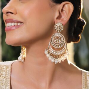 18K Gold-Plated Kundan, Zirconia & White Pearl Beaded Long Chandbali Earrings