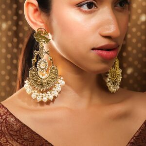 18K Gold-Plated Large Chandbali Earrings with White Pearl Beaded Accents - Gold