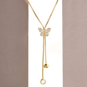 18K Gold Plated, Minimal Chain Butterfly Motif Zircons Studded Drop Pendant Necklace. - Gold