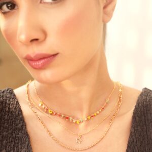 18K Gold Plated Multicolor Beaded Star Charm Multi-Layered Necklace