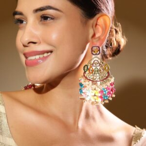 18K Gold-Plated Multicolor Kundan & Pearl Studded Dome-Shaped Long Chandelier Earrings