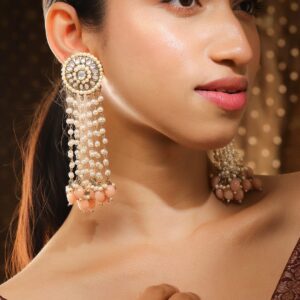 18K Gold-Plated Multilayered Kundan & Pearl Beaded Long Earrings with Peach Pink Beads - Gold