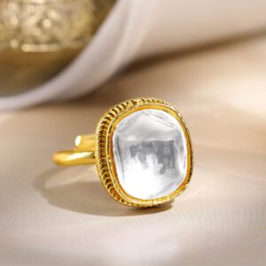 18K Gold-Plated Oversized White Kundan Adjustable Ring in Classic Cushion Design