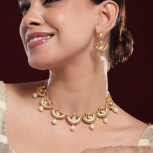 18K Gold-Plated White Pearl Drops and Kundan Studded Temple Necklace Set - Gold