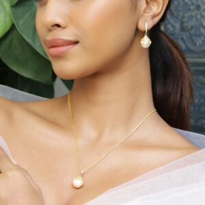 18K Gold-Plated Pearl & Cubic Zirconia Studded Pendant Necklace & Earrings Set - Gold