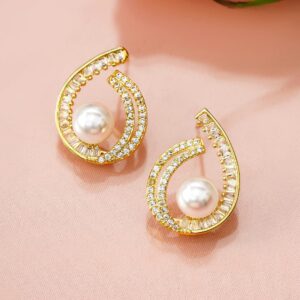 18K Gold-Plated Pearl & Cubic Zirconia Studded Swirl Design Stud Earrings