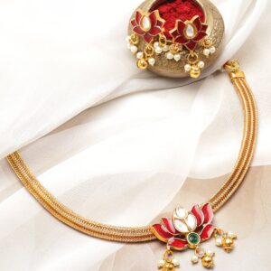18K Gold-Plated Red Enamel Lotus Motif Pearl Beaded Brass Choker Necklace Set