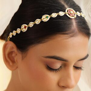 18K Gold-Plated Red, Green & White Kundan & Pearl Beaded Matha Patti Head Jewellery - Multicolor