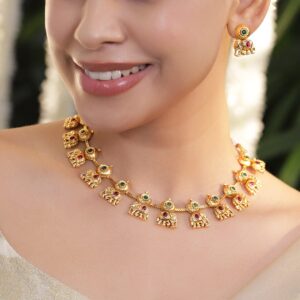 18K Gold-Plated Ruby & Emerald Studded Brass Elephant Motif Temple Necklace Set