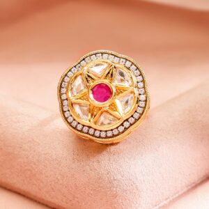 18K Gold-Plated Ruby, Kundan & Cubic Zirconia Studded Adjustable Finger Ring - Gold