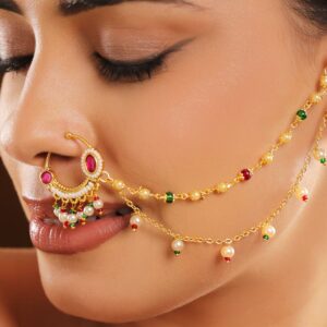 18K Gold-Plated Ruby Kundan Studded Multi-Colour Pearl Bead Triple-Layer Chain Nath Nosepin