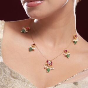 18K Gold-Plated Ruby Pink & Emerald Green Kundan Studded Necklace with Pearl Accents