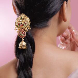 18K Gold-Plated Ruby Pink & Emerald Green Stone Studded Temple Braid Hair Accessory with Jhumka Drop