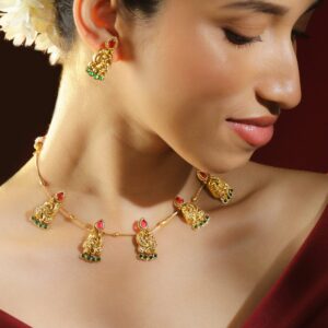 18K Gold-Plated Ruby Pink & Emerald Green Studded Temple Necklace Set with Peacock & Floral Motifs for Women
