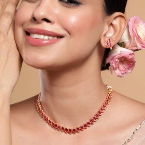18K Gold-Plated Ruby Pink Studded Traditional Necklace Set - Gold