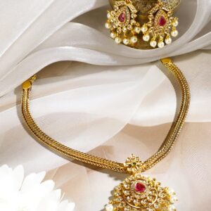 18K Gold-Plated Ruby Pink & White Cubic Zirconia Studded Necklace Set with Pearls Beads Drops