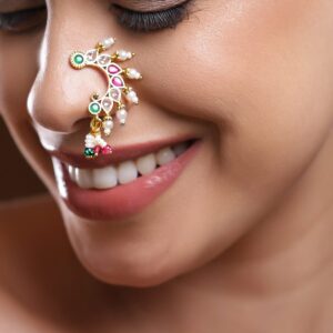 18K Gold-Plated Ruby Pink White & Emerald Green Stone Crescent Nath with Pearl Drops – Non-Pierced Clip-On