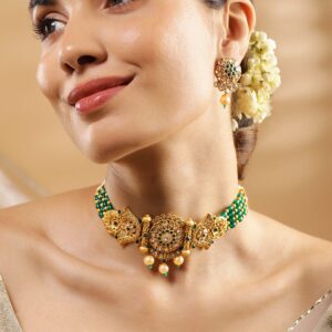 18K Gold-Plated Emerald Green & Kundan Stone-Studded Choker Jewellery Set with Pearl & Green Beads