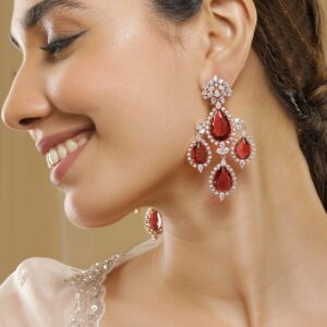 18K Gold-Plated Ruby Red & Cubic Zirconia Studded Premium Chandelier Earrings - Red