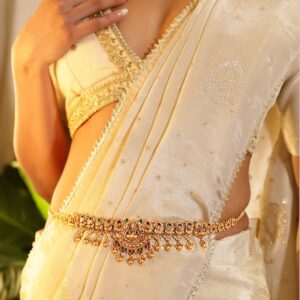 18K Gold-Plated Ruby Red & Emerald Green Stone-Studded Traditional Kamarbandh - Red & Green