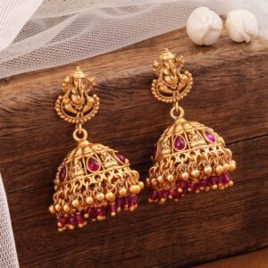 18K Gold-Plated Ruby Stone & Beaded Divine Ganesha Temple Jhumka Earrings