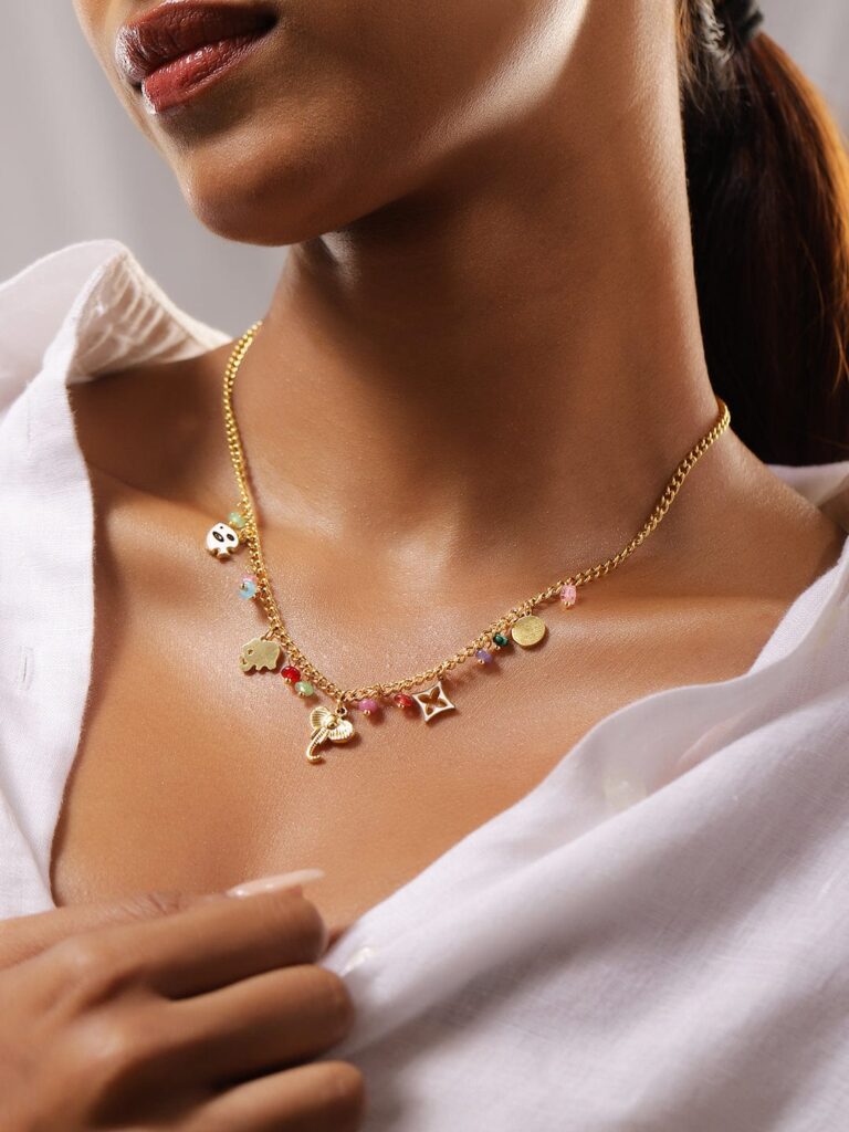 18K Gold-Plated Stainless Steel Tarnish-Free Waterproof Multicolor Charm Necklace - Gold