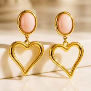 18K Gold-Plated Stainless Steel Tarnish-Free Waterproof Pink Stone Heart Drop Earrings