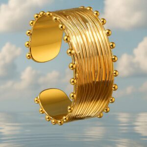 18K Gold-Plated Stainless Steel Tarnish-Free Waterproof Textured Beaded Cuff Bracelet - Gold