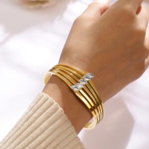 18K Gold-Plated Stainless Steel TarnishFree Waterproof Zirconia MultiLayer Bracelet - Gold