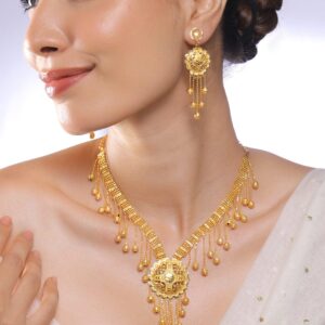18K Gold-Plated Traditional Necklace Set with Multilayer Gold Beads & Filigree Floral Design for Women - Gold