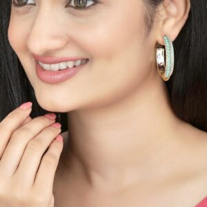 18K Gold-Plated Turquoise Blue Stone Studded Hoop Earrings - Gold