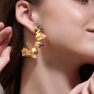 18K Gold plated uncut semi precious gems studded handcrafted statement hoop earrings - Multi Color