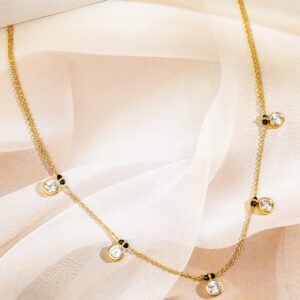 18K Gold-Plated White Cubic Zirconia Studded Minimal Mangalsutra Necklace with Black Beaded Chain - Gold