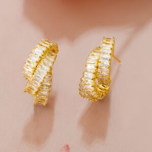 18K Gold-Plated White Cubic Zirconia Studded Textured Hoop Earrings