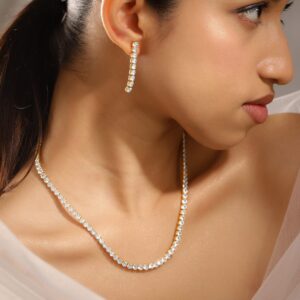 18K Gold Plated White Cubic Zirconia Tennis Necklace & Earrings Set - Gold