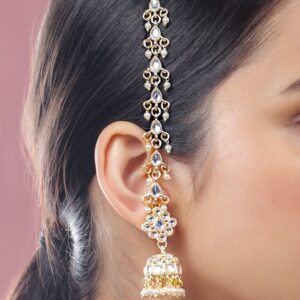 18K Gold-Plated White Kundan & Glossy Ruby Pink & White Pearl Beaded Long Jhumka Earring Extension - Design 1