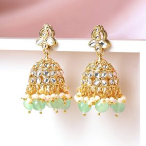 18K Gold-Plated White Kundan Jhumka Earrings with Mint Green & Pearl Beads Drops