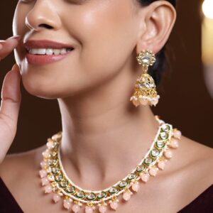 18K Gold-Plated White Kundan Necklace Set with Green Enamel, White Pearls and Peach Beads
