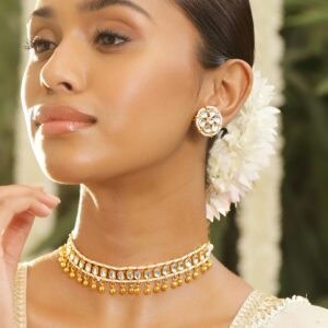 18K Gold-Plated White Kundan Studded Choker Necklace Set with Gold Beaded Detailing - Gold