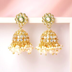 18K Gold-Plated White Kundan Studded Jhumka Earrings with Pearl Bead Drops