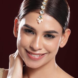 18K Gold-Plated White Kundan-Studded Maangtika with White Pearls - Gold