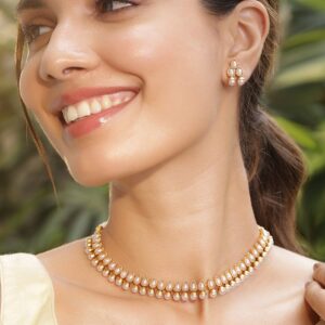 18K Gold Plated White Pearl Beaded Contemporary Handcrafted Choker Necklace Set - Gold