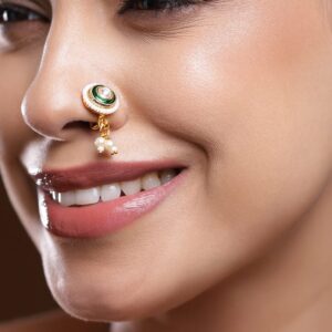 18K Gold-Plated White Stone Oval Non-Pierced Clip-On Nath with Green Enamel & Pearl Drops