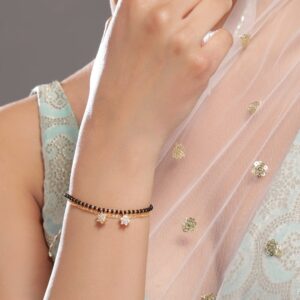 18K Gold-Plated Zirconia Drops with Black & Gold Beaded Mangalsutra Bracelet - Gold