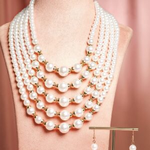 18K Gold-Toned Plated Handcrafted Glossy White Pearl Multi-Layer Necklace Set - Gold