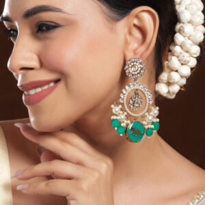 18K Mehandi Gold-Plated Kundan & Green Bead Traditional Chandbali with Pearl Accent - Gold