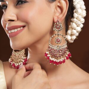 18K Mehandi Gold-Plated Red Beaded & Pearl Accented Traditional Long Chandbali Earrings