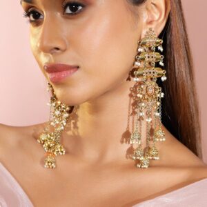 18K Mehndi Gold-Plated Kundan Studded Layered Shoulder Duster Jhumka Earrings - Gold