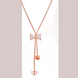 18K Rose Gold Plated, Minimal Chain Bow Motif Zircons Studded Drop Pendant Necklace. - Rose Gold