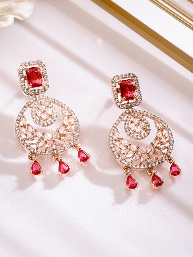 18K Rose Gold-Plated Ruby Red & White Cubic Zirconia Studded Chandelier Earrings - ruby
